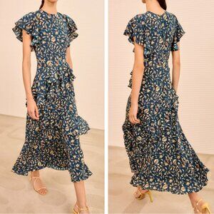 NEW Ulla Johnson Amaia Cascading Ruffle Midi Dress - Midnight Garden